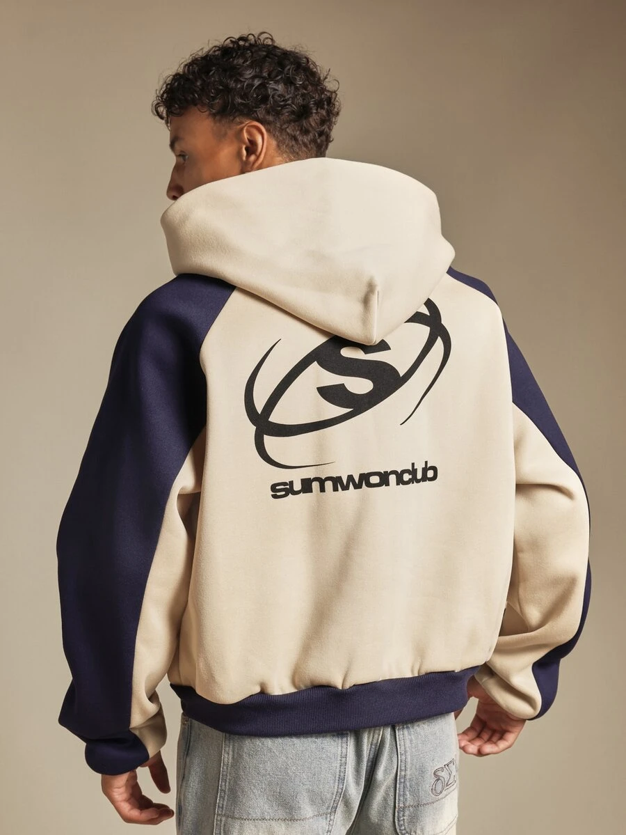 SUMWON Club Oversized Color Block Hoodie With Large Logo Back Print Raglan Sleeves And Ribbed Hem For Fall Winter - Multicolor - View 1
