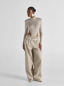 KSTM Wide Leg Faux Leather Pants With Elasticated Waistband Belt Detail High Rise Pleated Palazzo Trousers Fall Winter Occasion - Apricot - View 2