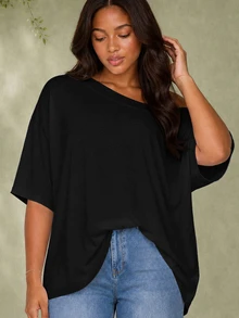ELLERISSA Plus Size Black Off Shoulder Short Sleeve T Shirt - Black - View 3