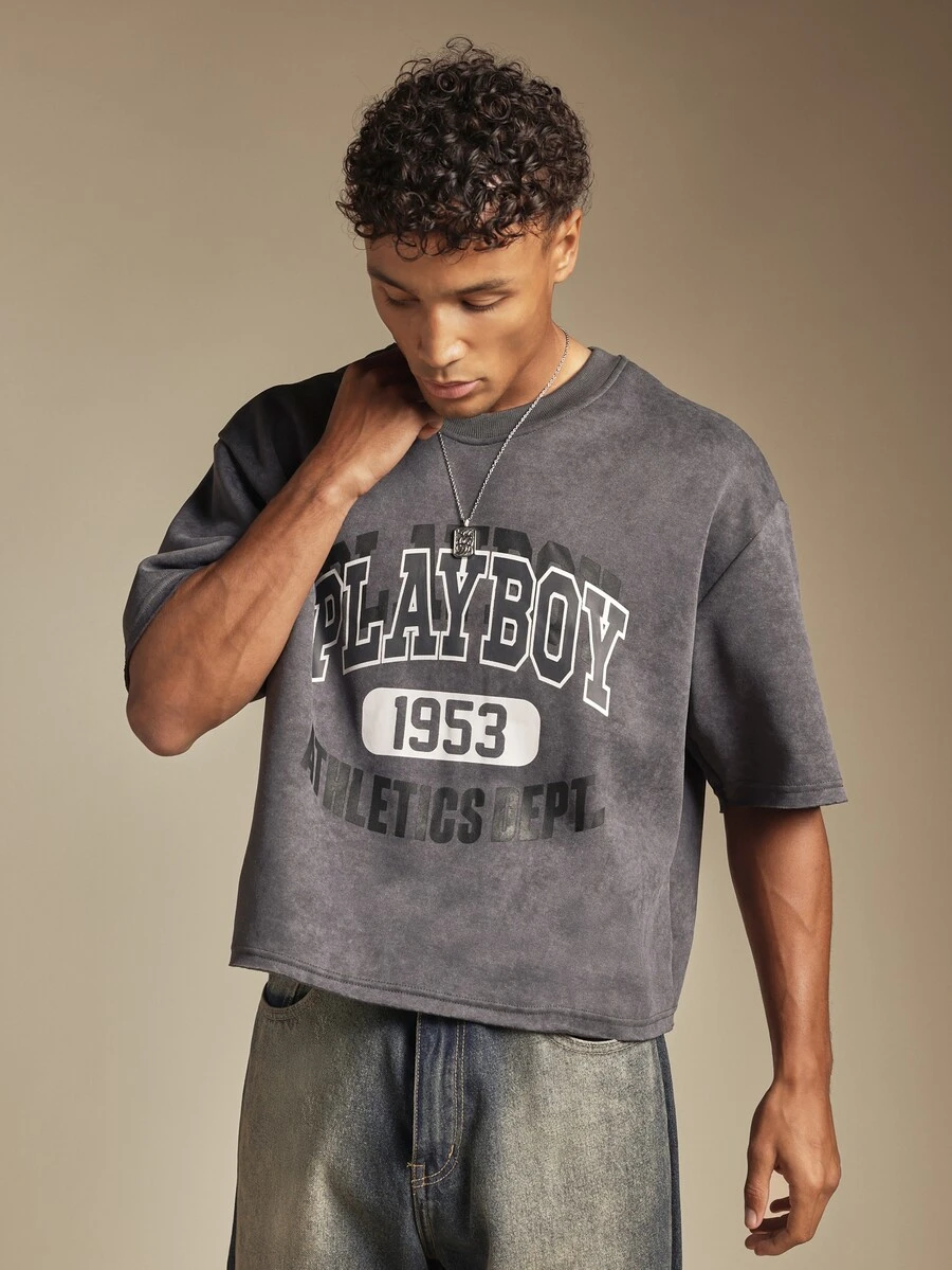 PLAYBOY X SUMWON 1953 Athletics Department Acid Washed Boxy Crop Crew Neck Short Sleeve Graphic T-Shirt Vintage Streetwear Style - Dark Grey - View 1