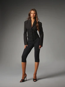 MISSGUIDED Cropped Blazer Jacket With Lace Corset Panel And Deep V Lapel Collar Long Sleeve Button Closure Evening Party Tailored Outerwear - Black - View 4