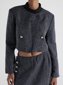 KSTM Cropped Tweed Blazer Jacket With Silver Button Detail Stand Collar Collarless Long Sleeve Structured Formal Style - Blue - View 5