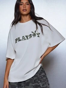 Missguided x Playboy Camo Print Oversized T-Shirt Crew Neck Short Sleeve Bunny Logo Graphic Tee Summer Festival Top - Multicolor - View 4