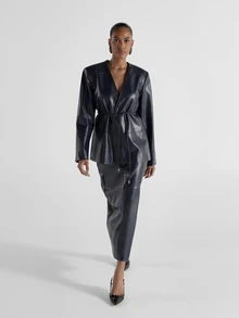 KSTM Faux Leather Kimono Wrap Jacket With Tie Waist Belt V-Neck Long Sleeves Structured Shoulders Hip Length Fall Winter Outerwear Party - Blue - View 3