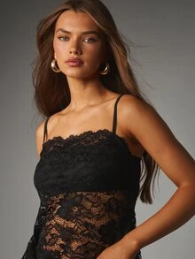 MISSGUIDED Black Floral Lace Cami Top Scoop Neck Spaghetti Strap Sheer Lingerie Style Night Out Party Top - Black - View 2