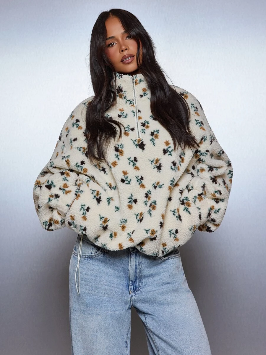 MISSGUIDED Pullover Sherpa Motif Bunga dengan Resleting Seperempat, Ukuran Besar, Kerah Tinggi, Bahan Fleece Lembut, Atasan Teddy Nyaman untuk Musim Gugur dan Musim Dingin dengan Tali Serut di Bagian Bawah - MultiWarna - View 1