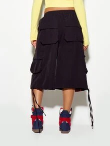 SUMWON WOMEN Cargo Culottes Wide Leg Cropped Pants With Bold Side Stripe Detail Elastic Waist And Utility Pockets Holiday Festival Style - Black - View 5