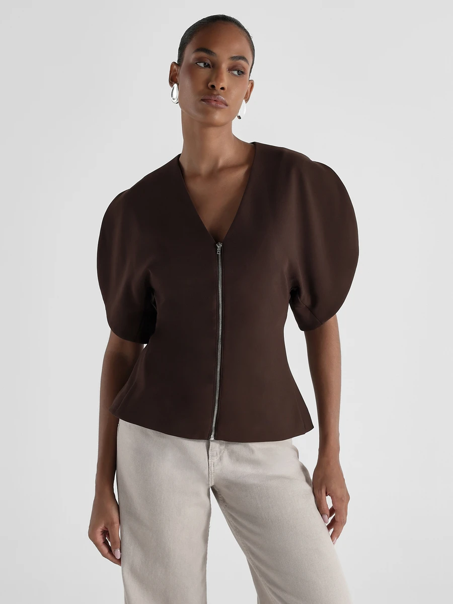 KSTM V-Neck Puff Sleeve Zip-Up Fitted Blouse With Peplum Waist Detail Perfect For Date Night Fall Winter Occasions - Brown - View 1