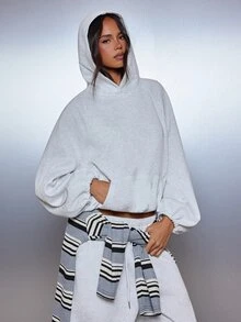 MISSGUIDED Oversized Cropped Sweatshirt With Balloon Sleeves Elasticated Cuffs Centre Pocket Casual Pullover Fall Winter Essential - Grey - View 5