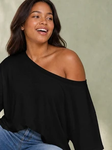 ELLERISSA Plus Size Black Off Shoulder Short Sleeve T Shirt - Black - View 5