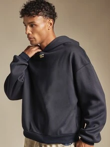 SUMWON Club International Oversized Pullover Hoodie With Back Graphic Text Print And Chest Logo For Men - Navy Blue - View 6