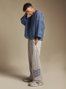 PLAYBOY X SUMWON Wide Leg Sweatpants With Triple Script Leg Print Drawstring Waist Relaxed Fit Fleece Lounge Trousers Fall Winter Casual - Grey - View 3