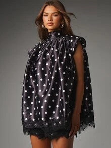 MISSGUIDED Polka Dot Satin Oversized Blouse With High Neck Tie Back Lace Trim Hem Ruched Gathered Sleeveless Mini Party Top - Black and White - View 1