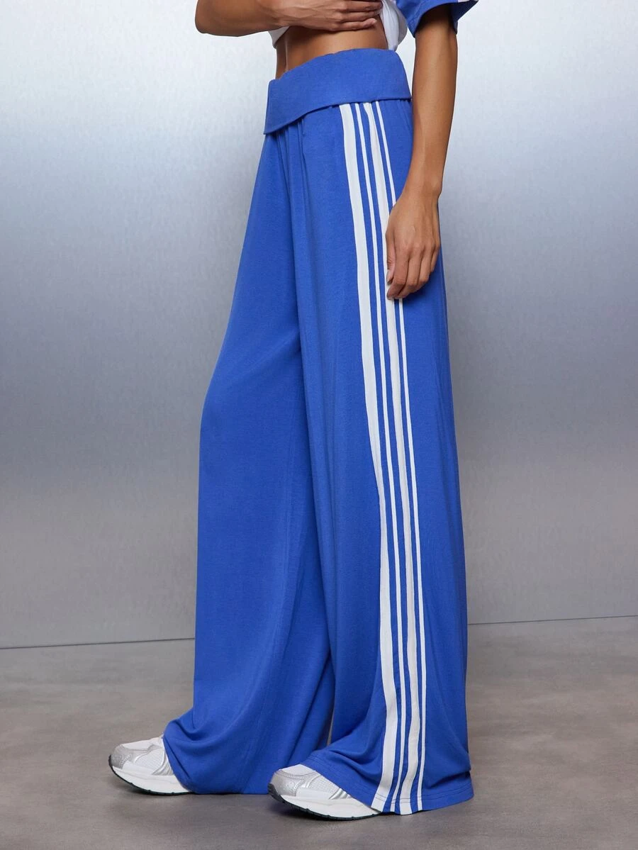MISSGUIDED Wide Leg Jogger Pants With Side Stripe Detail Foldover Waistband Full Length Casual Track Trousers Summer Festival - Blue - View 1