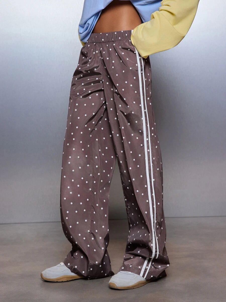 MISSGUIDED Wide Leg Polka Dot Print Casual Pants With Side Stripe Detail Elasticated Waist Full Length Relaxed Fit Trousers - Multicolor - View 1