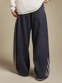 SUMWON Wide Leg Track Pants With Side Stripe Detailing And Cursive Script Logo Leg Print Drawstring Waist Relaxed Fit - Navy Blue - View 2