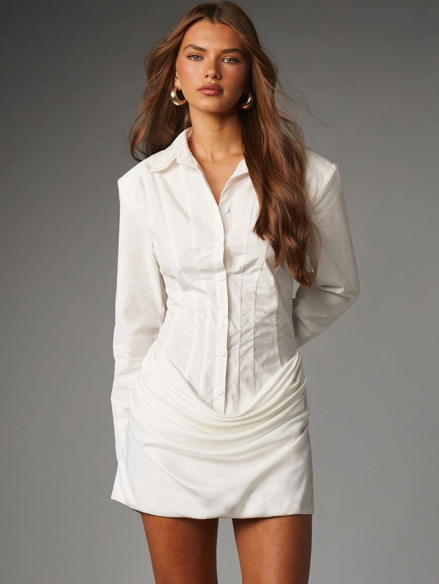 MISSGUIDED Shirt Mini Dress With Corset Bodice Long Sleeve Collared Button Down Ruched Skirt Summer Party Night Out Dress - White - View 1