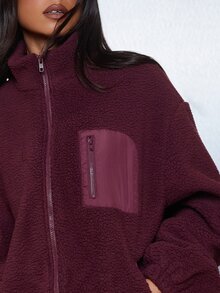 MISSGUIDED Oversized Sherpa Fleece Zip-Up Jacket With Stand Collar Zip Chest Pocket And Side Pockets Cozy Winter Outerwear - Burgundy - View 2