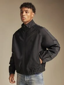 SUMWON Oversized Windbreaker Jacket With Zip Closure Mandarin Collar And Contrast Stripe Sleeve Detail With Embroidered Logo - Black - View 4