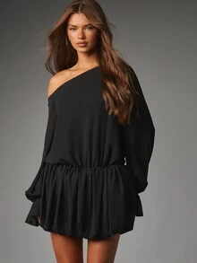 MISSGUIDED One Shoulder Puff Sleeve Mini Dress With Elastic Waist Ruffle Hem Flowy Chiffon Fall Party Night Out Style - Black - View 6