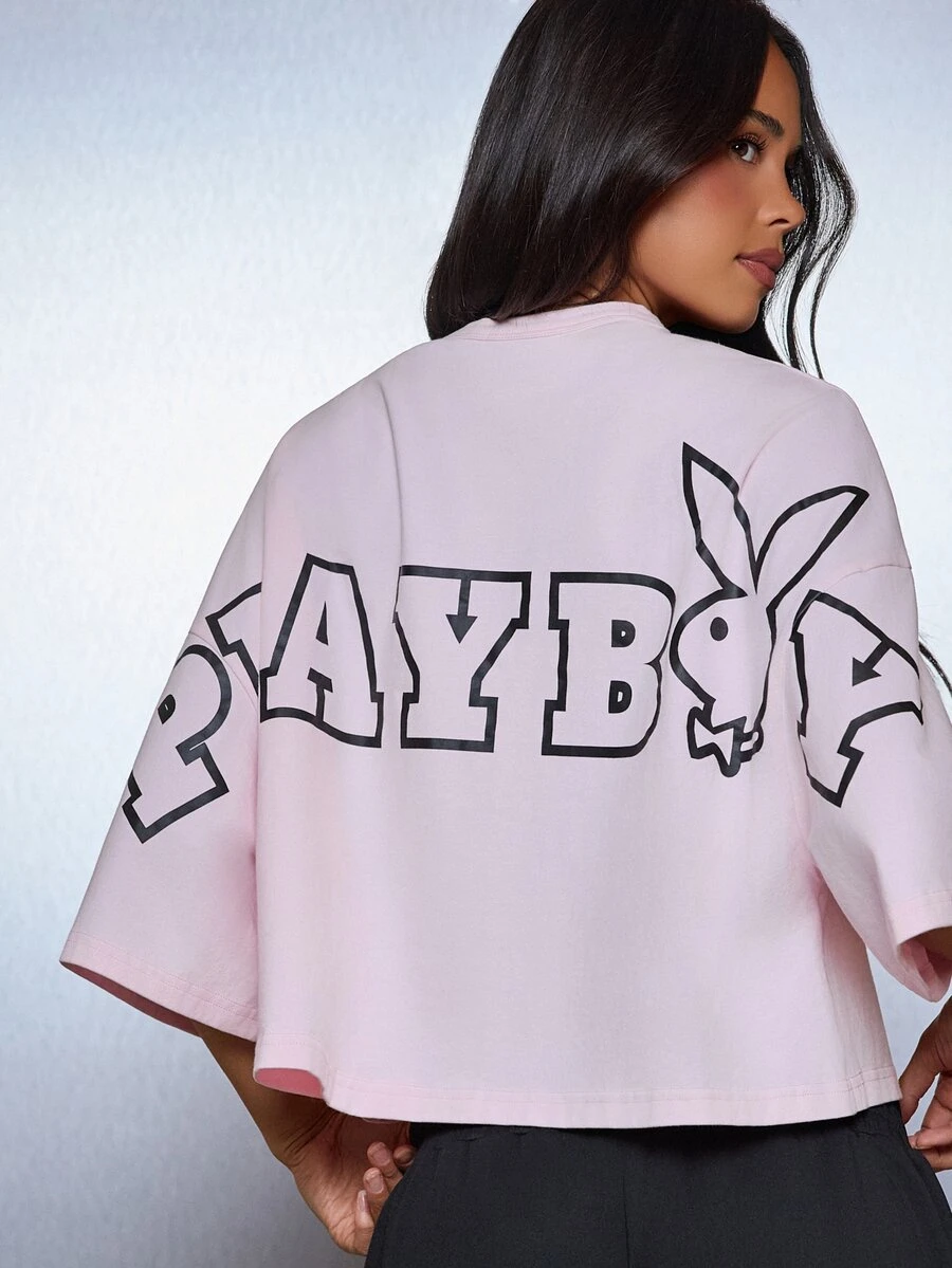 Missguided x Playboy Bunny Logo Oversized Boxy Crop T-Shirt With Large Back Graphic Print And Chest Logo Detail - Baby Pink - View 1