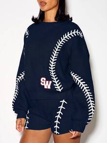 SUMWON WOMEN Baseball Knit Mini Shorts With Stitching Detail Fall Winter Loungewear - Navy Blue - View 4