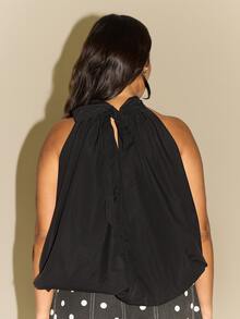 FASHION SZN Plus Size Halterneck Bubble Hem Top Black Solid Colour Trending New Season Bubble Hem Autumn Winter Fall - Black - View 5