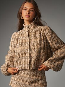 MISSGUIDED Cropped Tweed Blazer Jacket With Stand Collar Balloon Sleeves Checked Boucle Texture Fall Winter Outerwear - Multicolor - View 5