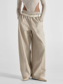 KSTM Wide Leg Faux Leather Pants With Elasticated Waistband Belt Detail High Rise Pleated Palazzo Trousers Fall Winter Occasion - Apricot - View 1