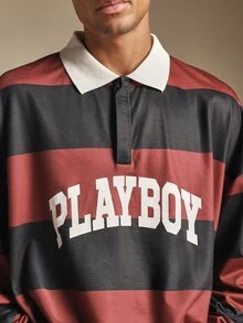 PLAYBOY X SUMWON Oversized Rugby Shirt With Bold Arch Logo Print Striped Long Sleeve Collared Pullover Top Fall Winter Essential - Multicolor - View 5