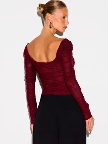 KIZN Ruched Mesh Long Sleeve Corset Top With Hook And Eye Front Closure And Deep V Neckline For Date Night Party - Burgundy - View 3