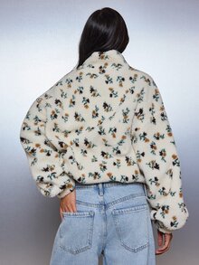 MISSGUIDED Pullover Sherpa Motif Bunga dengan Resleting Seperempat, Ukuran Besar, Kerah Tinggi, Bahan Fleece Lembut, Atasan Teddy Nyaman untuk Musim Gugur dan Musim Dingin dengan Tali Serut di Bagian Bawah - MultiWarna - View 6