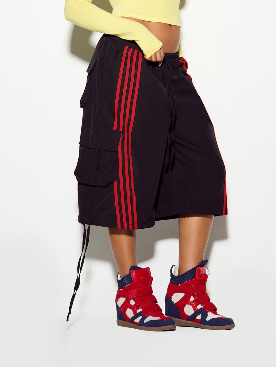 SUMWON WOMEN Cargo Culottes Wide Leg Cropped Pants With Bold Side Stripe Detail Elastic Waist And Utility Pockets Holiday Festival Style - Black - View 1