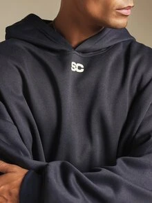 SUMWON Club International Oversized Pullover Hoodie With Back Graphic Text Print And Chest Logo For Men - Navy Blue - View 5