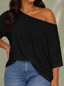 ELLERISSA Plus Size Black Off Shoulder Short Sleeve T Shirt - Black - View 6