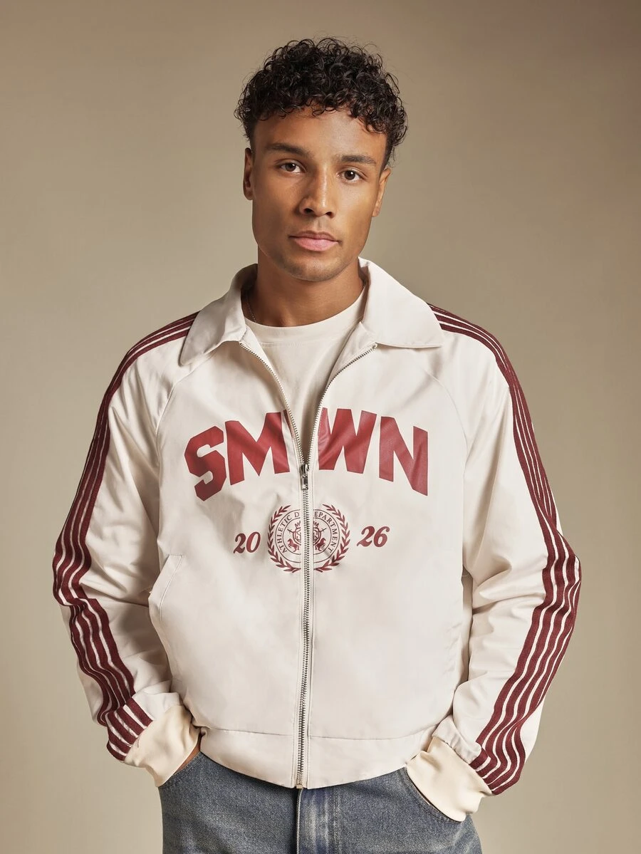 SUMWON Varsity Track Jacket With Side Stripe Detail Full Zip Collegiate Sheild Print Retro Style Hip Length Long Sleeve - Apricot - View 1