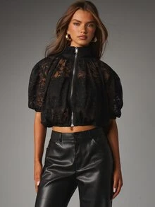 MISSGUIDED Sheer Floral Lace Cropped Bomber Jacket With Front Zip Closure Stand Collar And Puff Sleeves Fall Party Evening Outerwear - Black - View 1
