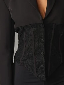 MISSGUIDED Cropped Blazer Jacket With Lace Corset Panel And Deep V Lapel Collar Long Sleeve Button Closure Evening Party Tailored Outerwear - Black - View 2
