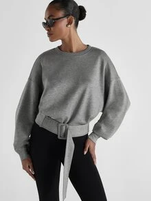 KSTM Oversized Crop Sweatshirt With Self-Fabric Belt Crew Neck Long Sleeve Pullover Top Fall Winter Casual Chic - Grey - View 4