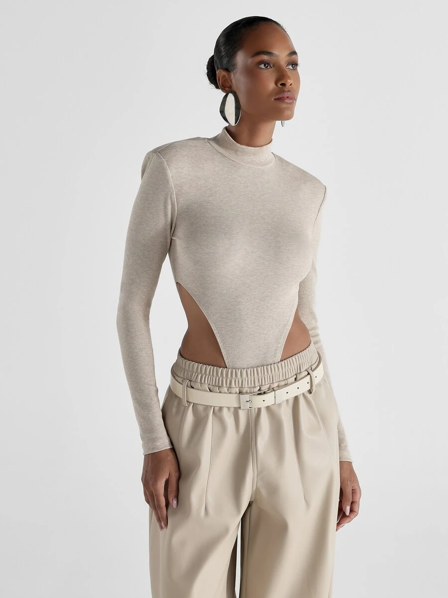KSTM Ribbed Knit Mock Neck Long Sleeve Bodysuit With Dramatic Side Cut-Out And Structured Shoulder Detail - Apricot - View 1