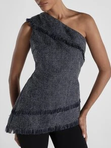 KSTM Atasan panjang tweed dengan detail rumbai di satu bahu, hem asimetris, dan detail lipatan, sempurna untuk acara malam hari. - Biru - View 4