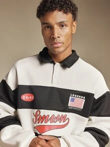 SUMWON Legends New York City Graphic Rugby Shirt Oversized Long Sleeve Collared Sweatshirt With Horizontal Stripes And Chest Print - Black and White - View 5
