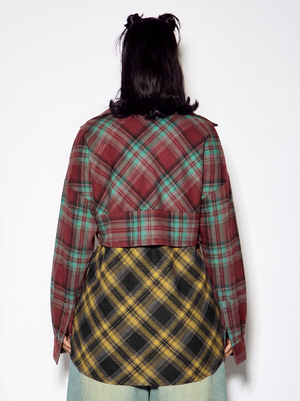 SUMWON WOMEN Oversized Plaid Flannel Shirt With Color Block Patchwork Design Long Sleeve Button Down Shacket Fall Winter Layering Top