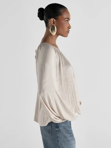 KSTM Flowy V-Neck Blouse With Balloon Sleeves Ruched Neckline Tie Back Detail Boho Oversized Top Spring Summer - Apricot - View 4