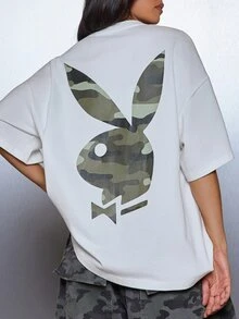 Missguided x Playboy Camo Print Oversized T-Shirt Crew Neck Short Sleeve Bunny Logo Graphic Tee Summer Festival Top - Multicolor - View 5