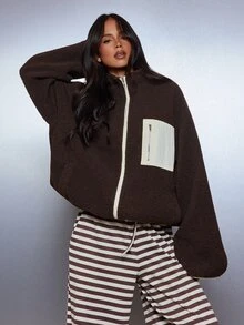 MISSGUIDED Oversized Sherpa Full-Zip Fleece Jacket With Contrast Cream Trim And Zip Chest Pocket Cozy Winter Teddy Coat - Brown - View 4