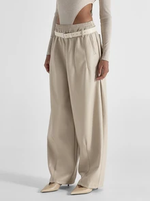 KSTM Wide Leg Faux Leather Pants With Elasticated Waistband Belt Detail High Rise Pleated Palazzo Trousers Fall Winter Occasion - Apricot - View 3