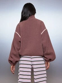 MISSGUIDED Sweatshirt Sherpa Oversized dengan Resleting Setengah dan Detail Pipa Kontras, Pullover Fleece Kerah Tinggi, Pakaian Musim Dingin yang Nyaman dan Esensial - Dusty Purple - View 5