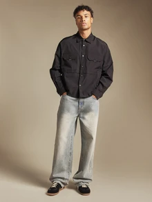 SUMWON Oversized Long Sleeve Utility Shirt With Dual Chest Flap Pockets And Snap Button Closure For Casual Everyday Wear - Black - View 3