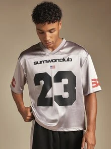 SUMWON Club Metallic Silver Oversized Football Jersey V-Neck Short Sleeve Top With Number 23 Front Print And Sleeve Logo - Grey - View 1